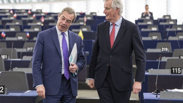 In this Wednesday, April 5, 2017 file photo Britain's former UKIP leader Nigel Farage, left, arrives with European Chief Negotiator of the Task Force for the Preparation and Conduct of the Negotiations with the United Kingdom under Article 50, Michel Barnier, before attending a session in Strasbourg, eastern France. - Sputnik International