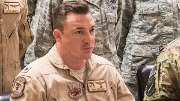 Lt. Col. Paul Goossen, shown at Al Udeid Air Base in Qatar, is photographed during a holiday conference call with US President Donald Trump in December 24, 2017. Fifteen Airmen from the squadron, which is deployed from Minot Air Force Base, North Dakota, sat in on the call with the president. - Sputnik International