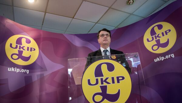 Then UKIP (UK Independence Party) Brexit spokesman and Member of the European Parliament for London (MEP), Gerard Batten, addresses members of the media at the party's by-election campaign headquarters in Stoke-on-Trent, central England on February 13, 2017. - Sputnik International