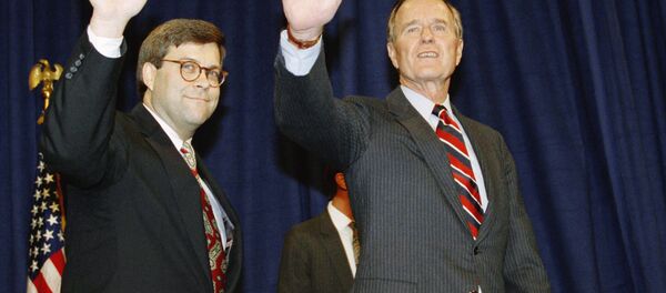 U.S. President George H. Bush, right, and William Barr wave after Barr was sworn in as the new Attorney General of the United States, Tuesday, Nov. 26, 1991 at a Justice Department ceremony in Washington. U.S. President George H. Bush, right, and William Barr wave after Barr was sworn in as the new Attorney General of the United States, Tuesday, Nov. 26, 1991 at a Justice Department ceremony in Washington. - Sputnik International
