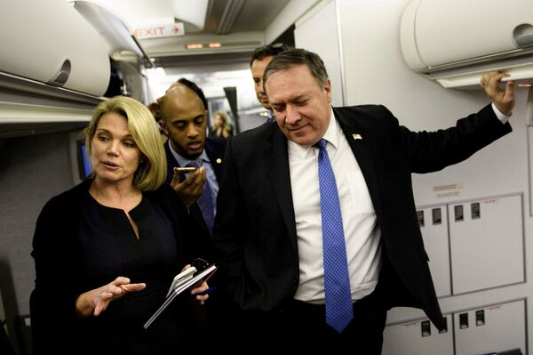 Spokesperson Heather Nauert (L) speaks as U.S. Secretary of State Mike Pompeo dialogues with reporters in his plane while flying from Panama to Mexico, October 18, 2018 Spokesperson Heather Nauert (L) speaks as U.S. Secretary of State Mike Pompeo dialogues with reporters in his plane while flying from Panama to Mexico, October 18, 2018 - Sputnik International