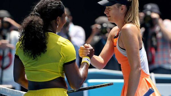 Serena Williams, left, of the United States is congratulated by Maria Sharapova of Russia after winning their quarterfinal match at the Australian Open tennis championships in Melbourne, Australia, Tuesday, Jan. 26, 2016 - Sputnik International