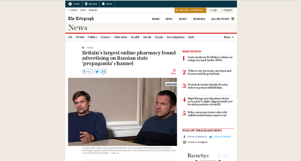 Screengrab of the Telegraph hit piece on RT, featuring a still from Sputnik/RT editor in chief Margarita Simonyan's interview of the two men London suspects of involvement in the Skripal poisoning case. - Sputnik International