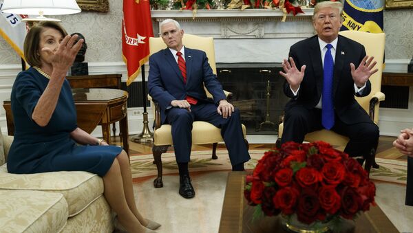 Vice President Mike Pence, center, listens as President Donald Trump argues with House Minority Leader Rep. Nancy Pelosi, D-Calif., during a meeting in the Oval Office of the White House, Tuesday, Dec. 11, 2018, in Washington. - Sputnik International
