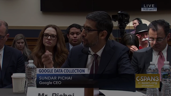 Protester Ian Madrigal dresses as the Monopoly Man during Google CEO Sundar Pichai's testimony before the House Judiciary Committee. - Sputnik International