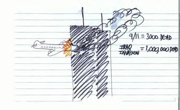 Mohiussunnath Chowdhury also drew this image of the 9/11 attacks with comments on the right contrasting the death toll with that in Iraq Mohiussunnath Chowdhury also drew this image of the 9/11 attacks with comments on the right contrasting the death toll with that in Iraq - Sputnik International
