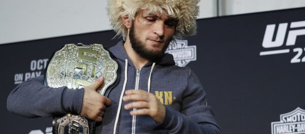 Khabib Nurmagomedov attends a news conference after the UFC 229 mixed martial arts event Saturday, Oct. 6, 2018, in Las Vegas Khabib Nurmagomedov attends a news conference after the UFC 229 mixed martial arts event Saturday, Oct. 6, 2018, in Las Vegas - Sputnik International
