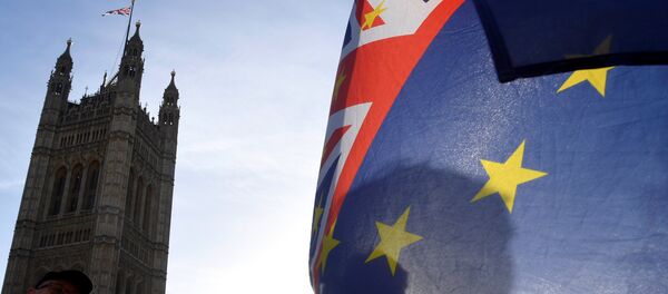 A demonstrator holds EU and Union flags during an anti-Brexit protest opposite the Houses of Parliament in London, Britain, December 17, 2018 - Sputnik International