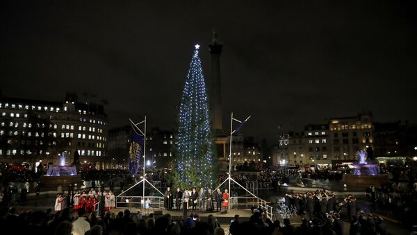 The Norwegian Christmas tree stands with its lights turned on during a lighting ceremony in Trafalgar Square, London, Thursday, Dec. 6, 2018. - Sputnik International