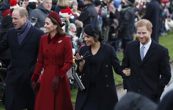 Britain's Prince William, left, Kate, Duchess of Cambridge, second left, Meghan Duchess of Sussex and Prince Harry, right, arrive to attend the Christmas day service at St Mary Magdalene Church in Sandringham in Norfolk, England, Tuesday, Dec. 25, 2018. Britain's Prince William, left, Kate, Duchess of Cambridge, second left, Meghan Duchess of Sussex and Prince Harry, right, arrive to attend the Christmas day service at St Mary Magdalene Church in Sandringham in Norfolk, England, Tuesday, Dec. 25, 2018. - Sputnik International