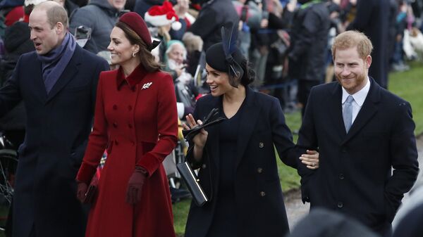 Britain's Prince William, left, Kate, Duchess of Cambridge, second left, Meghan Duchess of Sussex and Prince Harry, right, arrive to attend the Christmas day service at St Mary Magdalene Church in Sandringham in Norfolk, England, Tuesday, Dec. 25, 2018. - Sputnik International