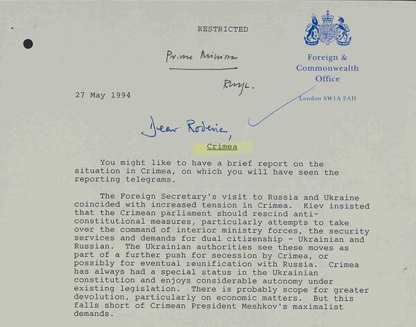 Foreign Office report to Prime Minister Major re conflict between Ukraine and Crimea Foreign Office report to Prime Minister Major re conflict between Ukraine and Crimea - Sputnik International