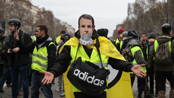 A protestor wearing a yellow vest (gilet jaune) and with a French President Emmanuel Macron mask poses on the Champs Elysees avenue in Paris on December 8, 2018 during protest against rising costs of living they blame on high taxes. - Sputnik International