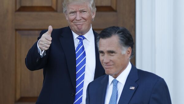 In this Nov. 19, 2016, file photo, shows President-elect Donald Trump giving the thumbs-up as Mitt Romney leaves Trump National Golf Club Bedminster in Bedminster, N.J. - Sputnik International