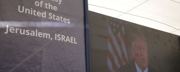 U.S. President Donald Trump is seen on screen as he delivers his speech during the opening ceremony of the new U.S. embassy in Jerusalem, Monday, May 14, 2018 U.S. President Donald Trump is seen on screen as he delivers his speech during the opening ceremony of the new U.S. embassy in Jerusalem, Monday, May 14, 2018 - Sputnik International
