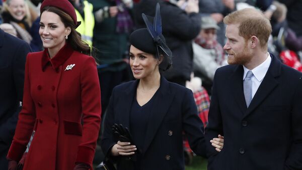 Britain's Kate, Duchess of Cambridge, left, Meghan Duchess of Sussex and Prince Harry, right, arrive to attend the Christmas day service at St Mary Magdalene Church in Sandringham in Norfolk, England, Tuesday, Dec. 25, 2018. - Sputnik International