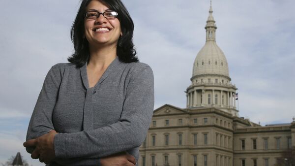 In this Nov. 6, 2008 file photo, Rashida Tlaib, a Democrat, is photographed outside the Michigan Capitol in Lansing, Mich. - Sputnik International