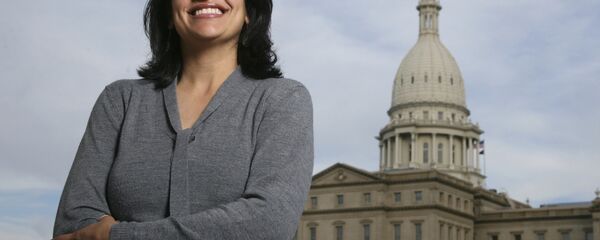 In this Nov. 6, 2008 file photo, Rashida Tlaib, a Democrat, is photographed outside the Michigan Capitol in Lansing, Mich. In this Nov. 6, 2008 file photo, Rashida Tlaib, a Democrat, is photographed outside the Michigan Capitol in Lansing, Mich. - Sputnik International