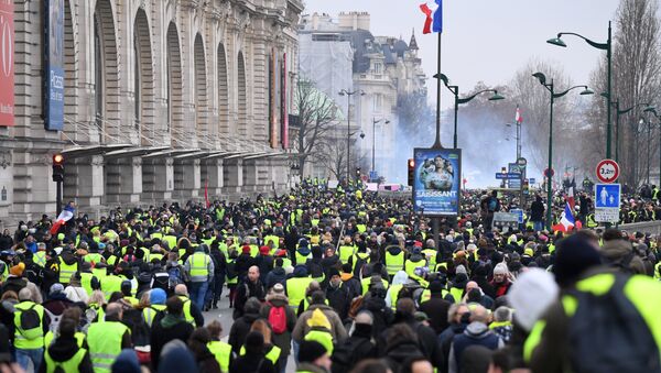 Yellow vest protestors march past Le Musee D'Orsay in Paris on January 5, 2019, during a rally by yellow vest Gilets Jaunes anti-government protestors. - Sputnik International