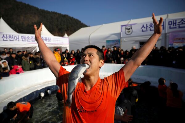A man reacts after catching a trout with his hands during an event promoting the Ice Festival in Hwacheon, south of the demilitarized zone (DMZ) separating the two Koreas - Sputnik International