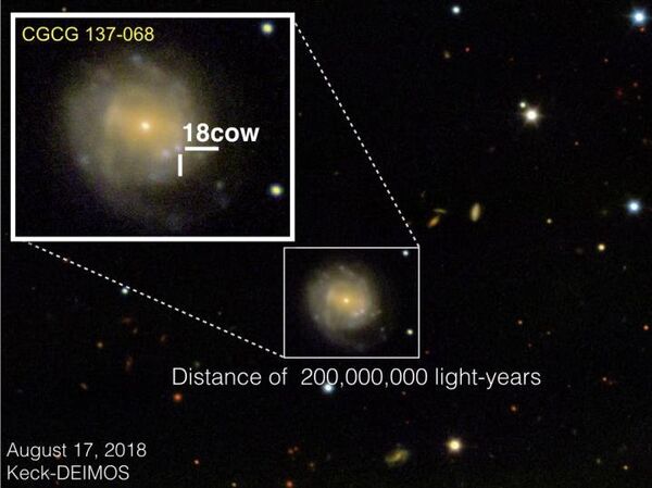 AN IMAGE OF AT2018COW AND ITS HOST GALAXY OBTAINED ON AUGUST 17, 2018 USING W. M. KECK OBSERVATORY'S INSTRUMENT, THE DEEP IMAGING AND MULTI-OBJECT SPECTROGRAPH (DEIMOS). - Sputnik International