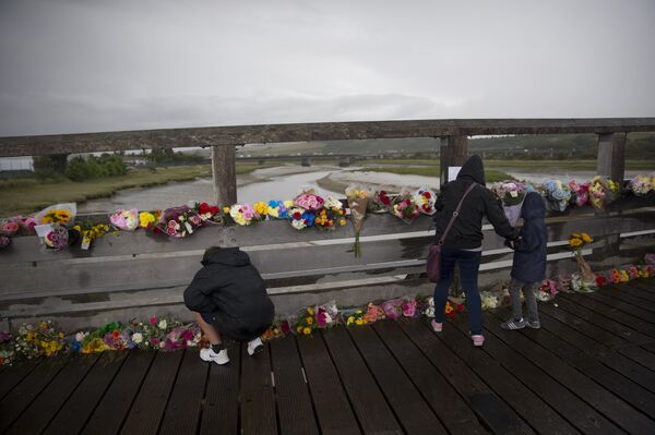 People laying flowers on a bridge overlooking the scene of the Shoreham airshow crash in August 2015 People laying flowers on a bridge overlooking the scene of the Shoreham airshow crash in August 2015 - Sputnik International