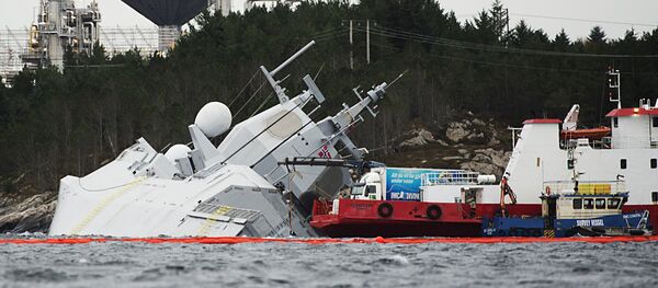 The Norwegian frigate KNM Helge Ingstad takes on water after a collision with the tanker “Sola TS” on November 10, 2018 in the Hjeltefjord near Bergen The Norwegian frigate KNM Helge Ingstad takes on water after a collision with the tanker “Sola TS” on November 10, 2018 in the Hjeltefjord near Bergen - Sputnik International
