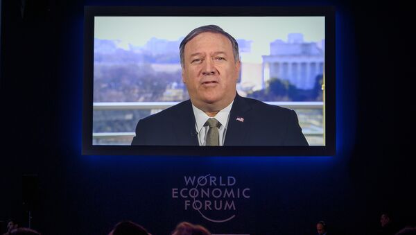 U.S. Secretary of State Mike Pompeo is seen on a screen during his address via satellite at the World Economic Forum (WEF) annual meeting, on January 22, 2019 in Davos, eastern Switzerland. f State Mike Pompeo is seen on a screen during his address via satellite at the World Economic Forum (WEF) annual meeting, on January 22, 2019 in Davos, eastern Switzerland.  - Sputnik International
