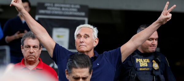 Roger Stone reacts as he walks to microphones after his appearance at Federal Court in Fort Lauderdale, Florida, U.S., January 25, 2019 - Sputnik International