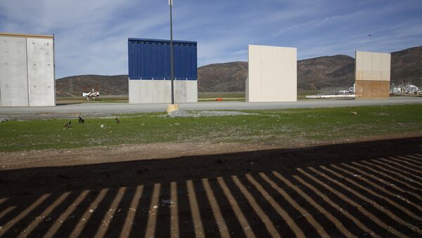 Prototypes of border wall sit behind the bars of the current border wall, Tuesday, Jan. 8, 2019, seen from Tijuana, Mexico - Sputnik International