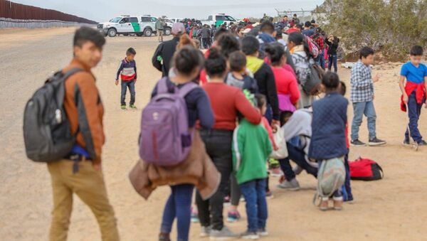 A large group of 376 migrants wait in line to be processed after being detained by U.S. Customs and Border Protection after crossing the United States- Mexico border near Yuma, Arizona, U.S., January 14, 2019. Photo taken January 14, 2019 - Sputnik International