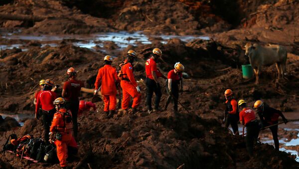 Members of a rescue team search for victims after a tailings dam owned by Brazilian mining company Vale SA collapsed, in Brumadinho, Brazil January 28, 2019 - Sputnik International