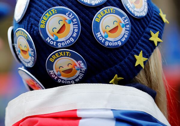 An anti-Brexit activist wears a hat covered in badges reading Brexit: Not going well is it? as she demonstrates opposite the Houses of Parliament in London on January 29, 2019. An anti-Brexit activist wears a hat covered in badges reading Brexit: Not going well is it? as she demonstrates opposite the Houses of Parliament in London on January 29, 2019. - Sputnik International