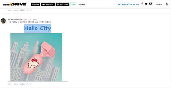 Screenshot from TheDrive.com's comment section on the bold crimson cockpit. Screenshot from TheDrive.com's comment section on the bold crimson cockpit. - Sputnik International