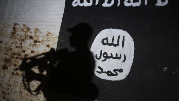 A member of the Iraqi forces walks past a mural bearing the logo of the Islamic State (IS) group in a tunnel that was reportedly used as a training centre by the jihadists, on March 1, 2017, in the village of Albu Sayf, on the southern outskirts of Mosul - Sputnik International