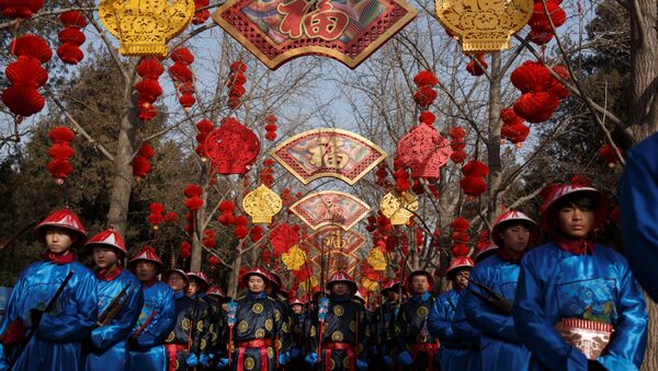 Performers rehearse a re-enactment of a Chinese New Year Qing Dynasty ceremony at the Temple of Earth in Ditan Park in Beijing, China, February 4, 2019 - Sputnik International