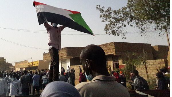 Demonstrators against President al-Bashir hold up a Sudanese flag during protests in Omdurman in January 2019 - Sputnik International