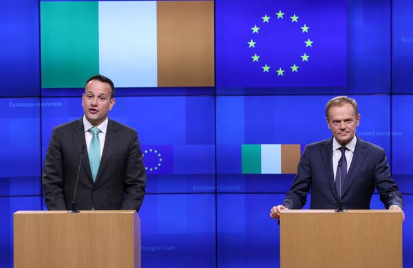 EU Council President Donald Tusk and Irish Prime Minister Leo Varadkar give statements after a meeting at the European Council headquarters in Brussels, Belgium February 6, 2019.  - Sputnik International