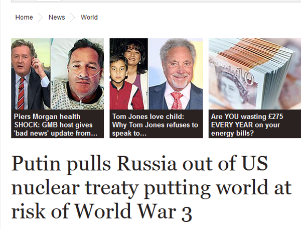 Screengrab of the Daily Express: Putin pulls Russia out of US nuclear treaty putting world at risk of World War 3 - Sputnik International