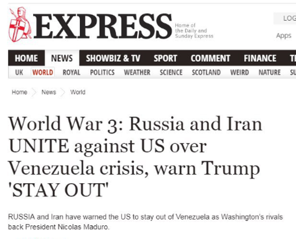 Screengrab from The Daily Express: World War 3: Russia and Iran UNITE against US over Venezuela crisis, warn Trump 'STAY OUT' - Sputnik International