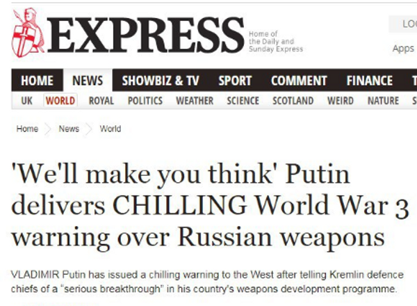 Screengrab from the Daily Express: Putin delivers CHILLING World War 3 warning over Russian weapons - Sputnik International