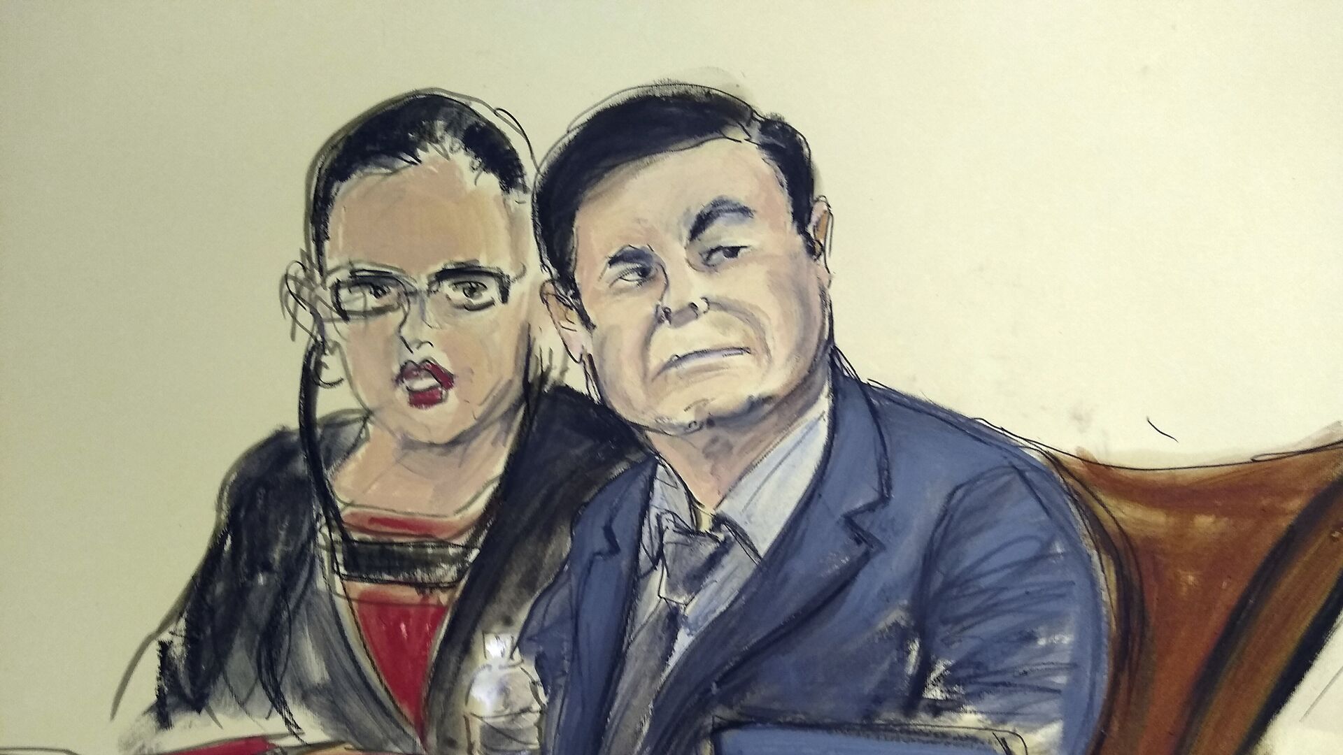 In this courtroom sketch, Joaquin El Chapo Guzman, right, is seated at the defense table with his interpreter, in the U.S. trial of the infamous Mexican drug lord, in New York, Monday Feb. 4, 2019. - Sputnik International, 1920, 22.01.2022