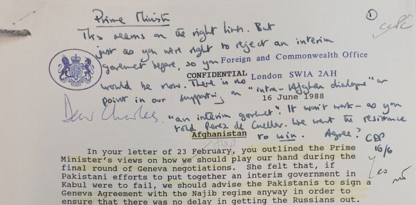 PIC 2. Charles Powell note to PM Thatcher rejecting support for intra-Afghan dialogue PIC 2. Charles Powell note to PM Thatcher rejecting support for intra-Afghan dialogue - Sputnik International