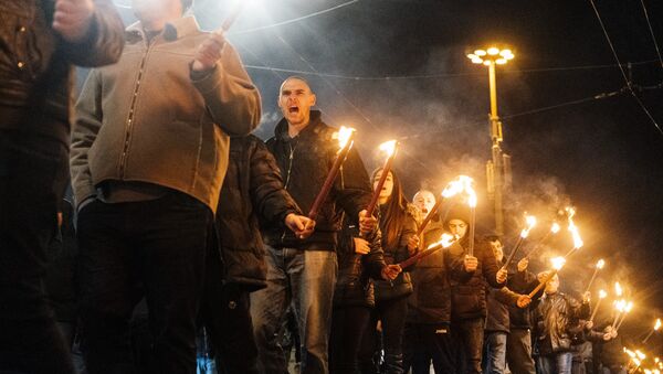 Activists parade with torches during a march to commemorate Bulgarian General and politician Hristo Lukov, in the centre of Sofia on February 16, 2019. - Sputnik International