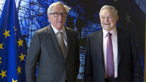 EU commission President Jean-Claude Juncker, left, welcomes George Soros, Founder and Chairman of the Open Society Foundation, prior to a meeting at EU headquarters in Brussels on Thursday, April 27, 2017 - Sputnik International