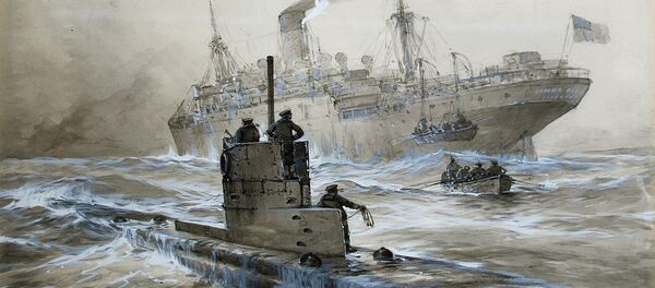 German depiction of the attack of a U-boat on the Linda Blanche during WWI, showing the disembarkation of passengers from the stricken vessel - a procedure not always done in practice - Sputnik International