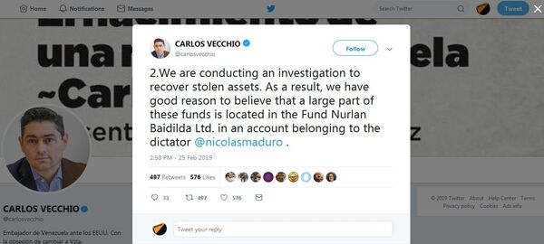 Carlos Vecchio tweets on the “Venezuelan money” in Baidilda’s fund - Sputnik International