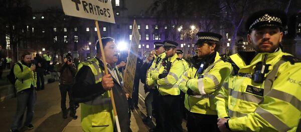 An pro-Brexit demonstrator confronts police officers in Parliament square in London, Tuesday, Jan. 15, 2019. An pro-Brexit demonstrator confronts police officers in Parliament square in London, Tuesday, Jan. 15, 2019. - Sputnik International