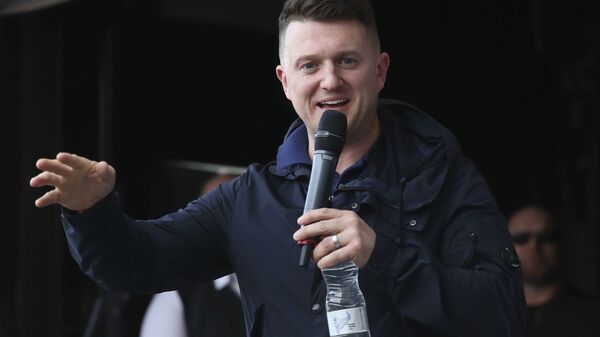 Former leader and founder of the English Defence League, Tommy Robinson addresses an EDL protest over a TV program, outside the BBC building in Salford, England, Saturday Feb. 23, 2019 - Sputnik International