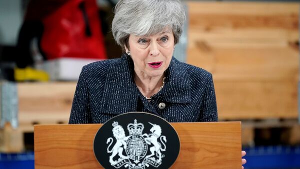 British Prime Minister Theresa May delivers a speech during her visit in Grimsby, Lincolnshire, Britain March 8, 2019. - Sputnik International